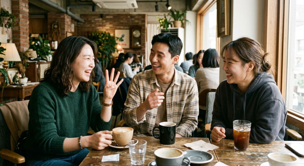 Three Korean friends at a café laughing while counting on their 
fingers to calculate age.