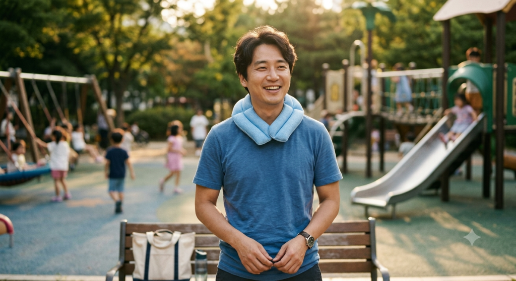 A man wearing a neck cooler around his neck at a playground 
while children play in the background.