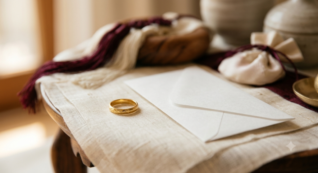 A small 24k gold ring and a plain white cash envelope on a Korean doljanchi table, symbolizing the shift from gold rings to cash gifts at Korean first birthdays in 2026