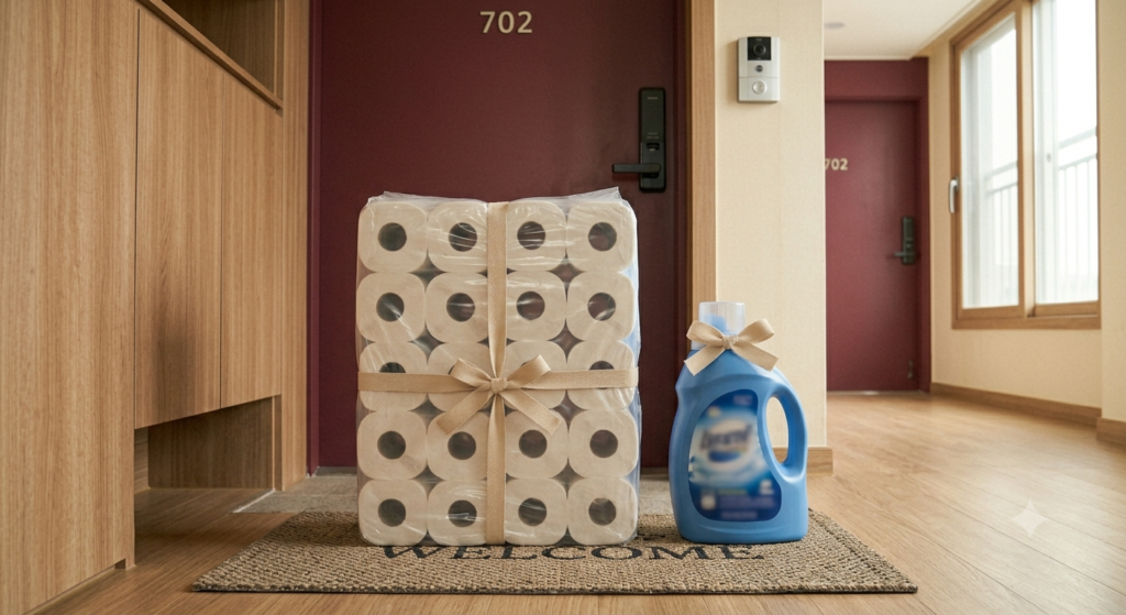A bulk pack of toilet paper tied with a ribbon beside a bottle of laundry detergent, traditional Korean housewarming gifts at an apartment door