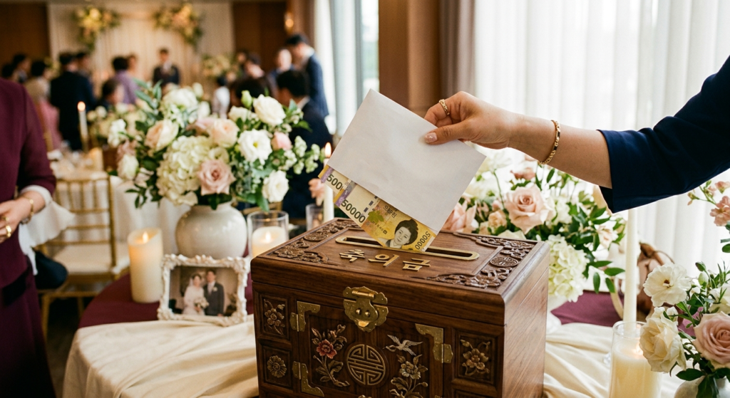 Hand placing a white envelope of Korean won bills into a wedding envelope box in Korea